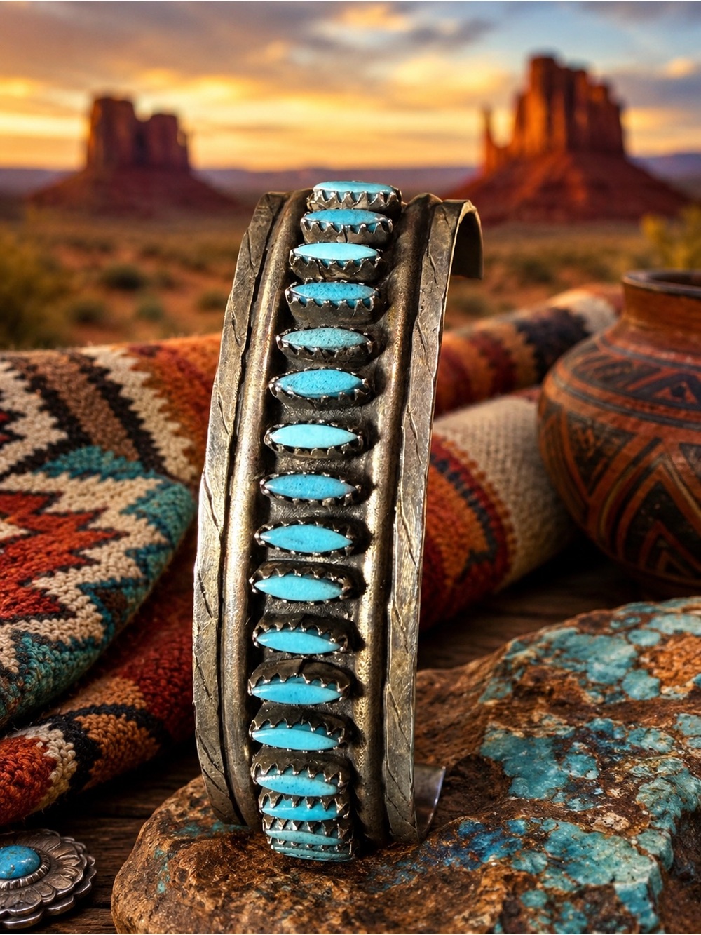 Vintage Zuni Petit Point Turquoise Cuff Bracelet | Sterling Silver | 24.76g